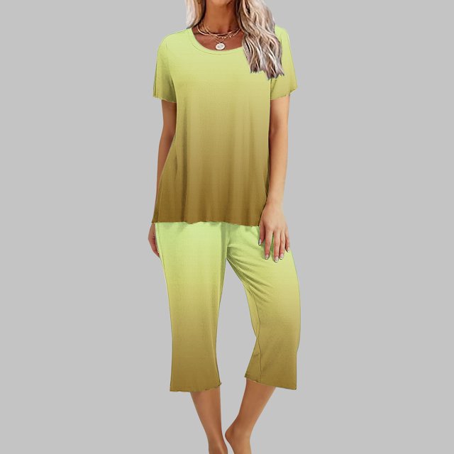 Offre à Durée Limitée Iumwxz Tenues de Pyjama Décontractées et Fluides Tenues d'Été Mignonnes pour Femmes Imprimé Dégradé Col Rond Manches Courtes Taille Élastique Pantalon Court Tenues pour Femmes Cadeaux de Vacances