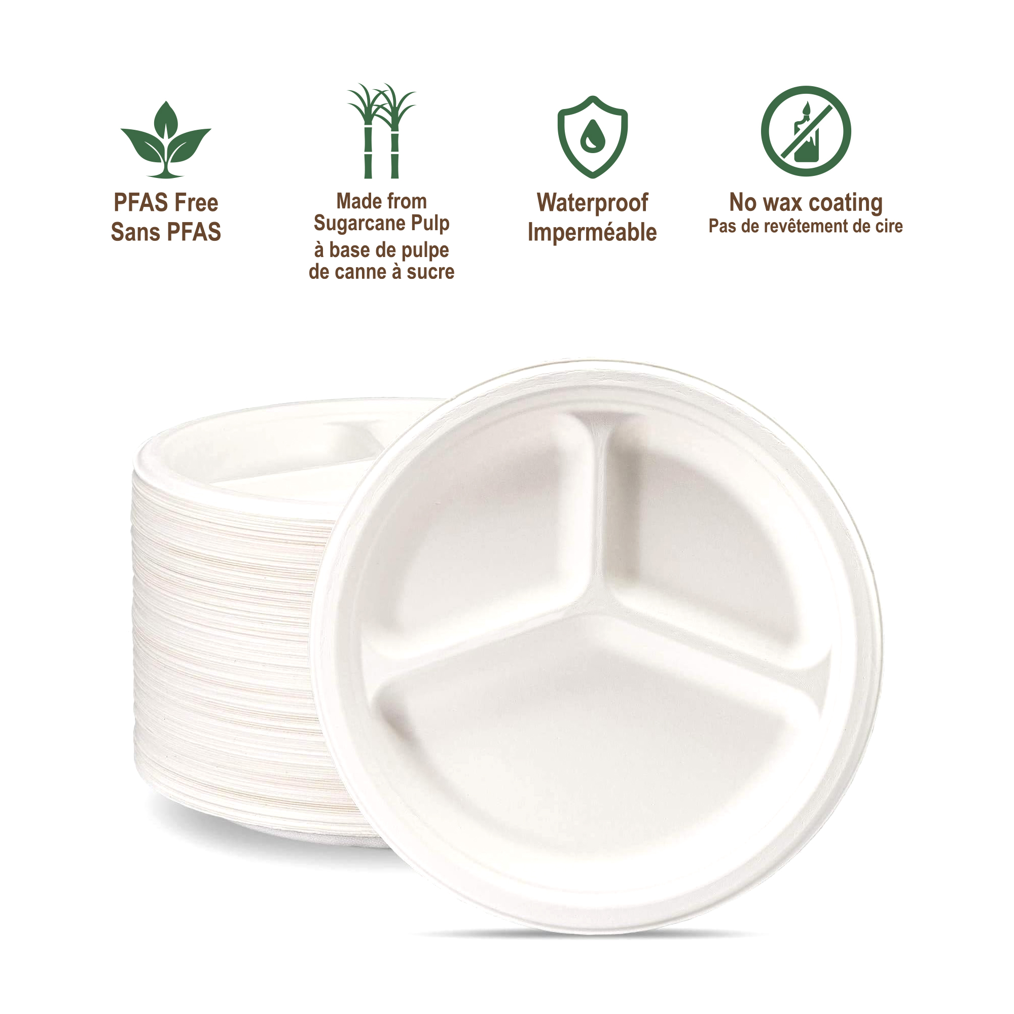 Go4Green Assiettes 3 Compartiments Compostables de 10 Po, 20 Pcs