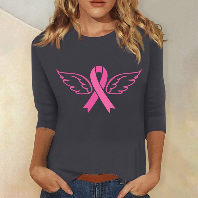 Jsaierl Hauts Graphiques à Ruban Rose pour Femmes, Chemises contre le Cancer du Sein, Manches 3/4, Col Rond, chandail-Over, T-Shirts de Lutte contre le Cancer, Blouses d'Octobre