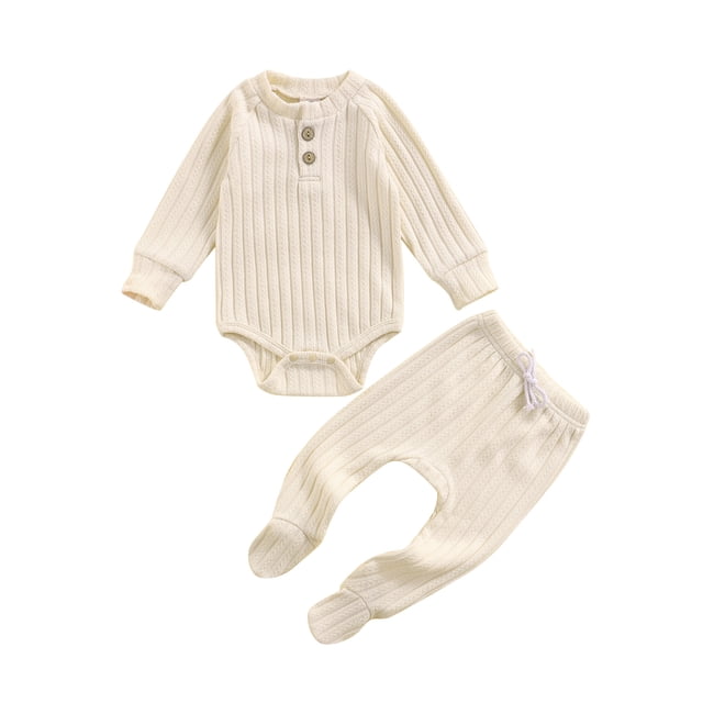 Xingqing Newborn Infant Baby Girl Boy Fall Winter Clothes Rib Knit Romper Footie Pants Outfits Sleeper