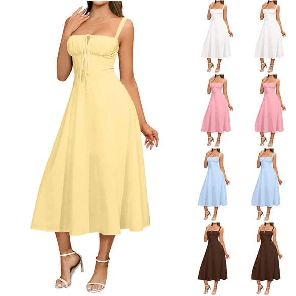 Meichang Spaghetti Strap Dresses for Women with Corset Lace Up Sleeveless Midi Dress A-Line Split Drawstring Casual Sundresses Summer Cocktail Party Long Dress