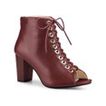 thumbnail image 1 of Unique Bargains Bottines à Talon Épais à Bout Ouvert à Lacets pour Femme Rouge Foncé (Taille 9,5), 1 of 8