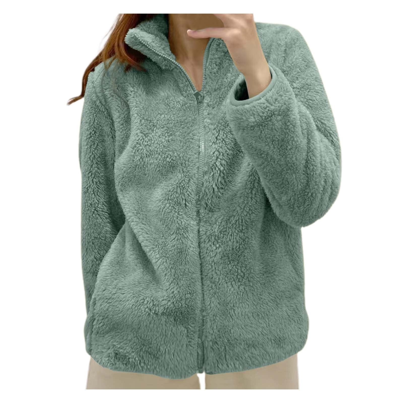 Kcodviy Women's Solid Color Fleece Large Woman Jackets Jacket Collar Zip Up Full Length Leopard Print Coat Cozy Outerwear