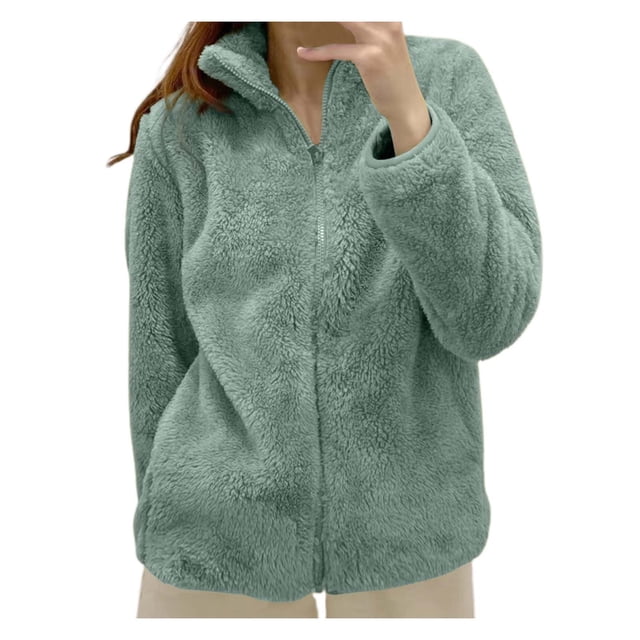 Kcodviy Women's Solid Color Fleece Large Woman Jackets Jacket Collar Zip Up Full Length Leopard Print Coat Cozy Outerwear