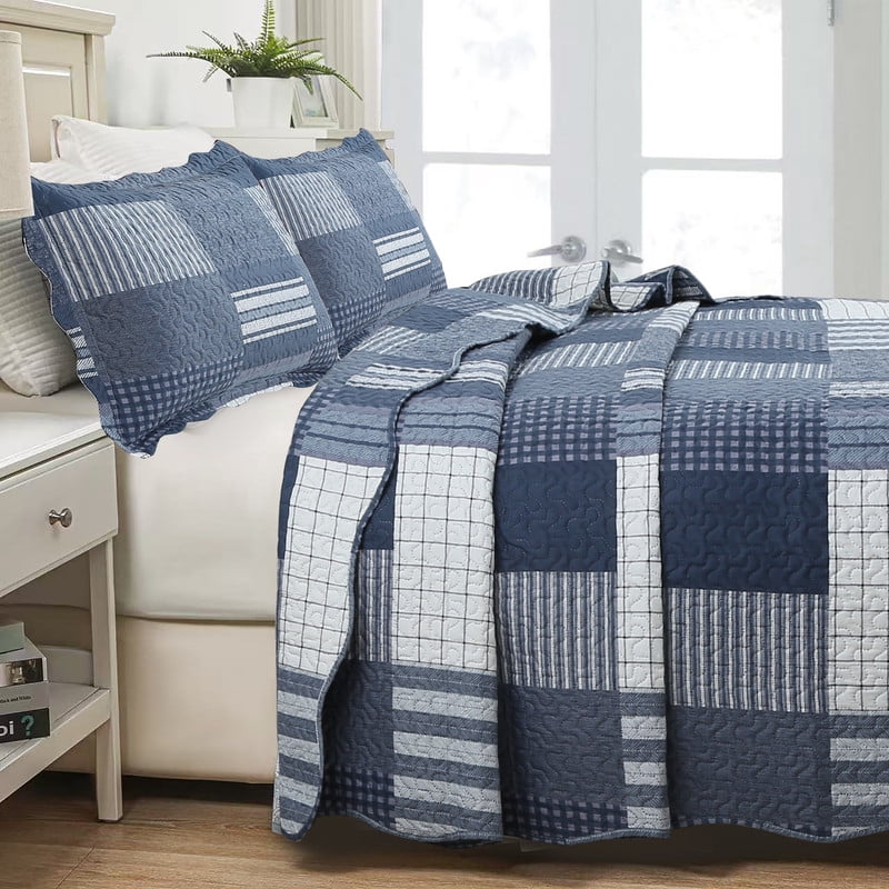 Marina Decoration Rich Printed Embossed Pinsonic Coverlet Bedspread Ultra Soft Home Bedding 2 Piece Summer Quilt Set with 1 Sham, Navy White Plaid Pattern Twin/Single