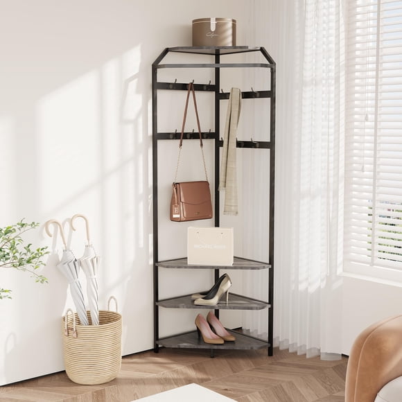 Hall Tree with 6 Double Hooks,Entryway Storage Bench with Shelf, Corner Coat Rack with Shoe Bench,Wooden Hanger Stand for Jackets Hats and Shoes