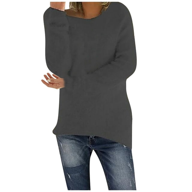 Chandails pour Femmes Unis Coupe Ample Blouse Légère Confortable Hauts Automne Hiver Manches Longues Hauts Décontractés Col Rond Chandail Hauts Noir P