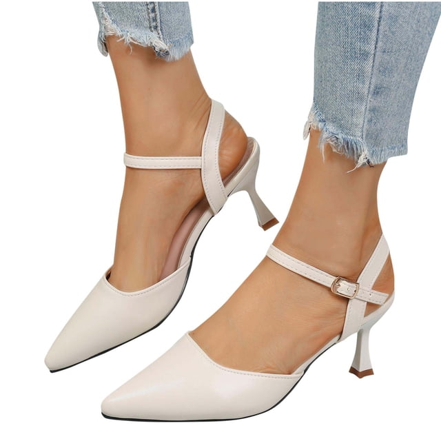 Heel Sandals for Women Kitten Heel Pointy Toe Adjustable Ankle Strap Leather Solid Color Pumps Beige