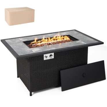 Costway Table de Foyer au Propane de 52 Pouces, Plateau en Marbre, Rotin Osier avec Housse de Pluie, Roche de Lave