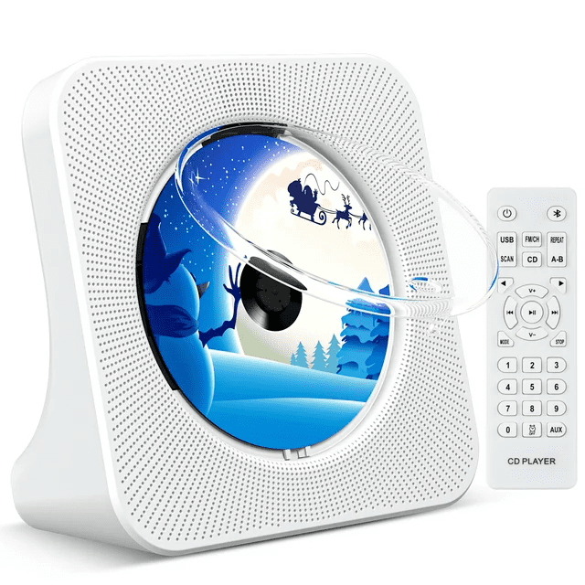 Qoosea CD Player for Home Portable CD Player with Bluetooth, shown in a sleek white design with a vertical desktop style. The device features a built-in LED display, a transparent dust cover, and dual HiFi speakers. A remote control is included, positioned to the right of the player. The CD player supports multiple formats including CD, CD-R, CD-RW, MP3, and WMA, and offers Bluetooth 5.0 connectivity for wireless streaming or pairing with external speakers. It also includes a 3.5mm AUX input/output and FM radio functionality. The compact design measures 7.44 x 7.44 x 2.8 inches, making it suitable for home use.