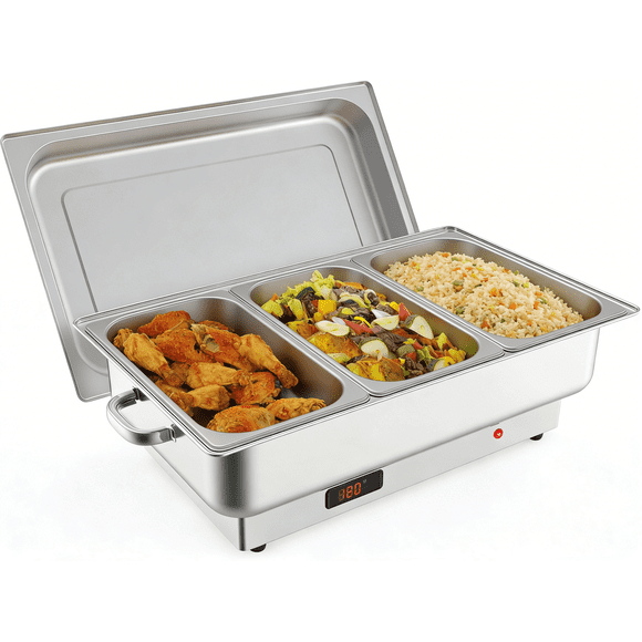 Réchaud Électrique pour Buffet, Réchaud à Aliments en Acier Inoxydable 9 Qt, Dessus à Rouler, Température Réglable, Couvercle en PC, 3x1/3 Poêles, NSF, Argent
