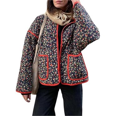 LOVZFMLL Jackets for Women's Cropped Puffer Quilted Jacket Vintage Floral Print Open Front Lightweight Short Jacket Outwear