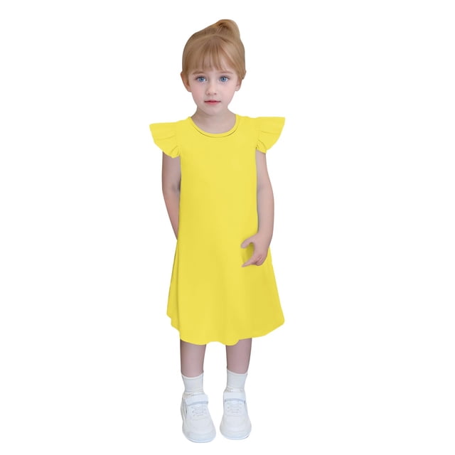 Yanlir Robe de Fête pour Tout-Petites Filles 4-14 Ans Enfants Douce et Confortable Manches à Volants Couleur Unie Col Ras du Cou Robe d'Été pour Tenues de Princesse (Jaune, 9 Ans)