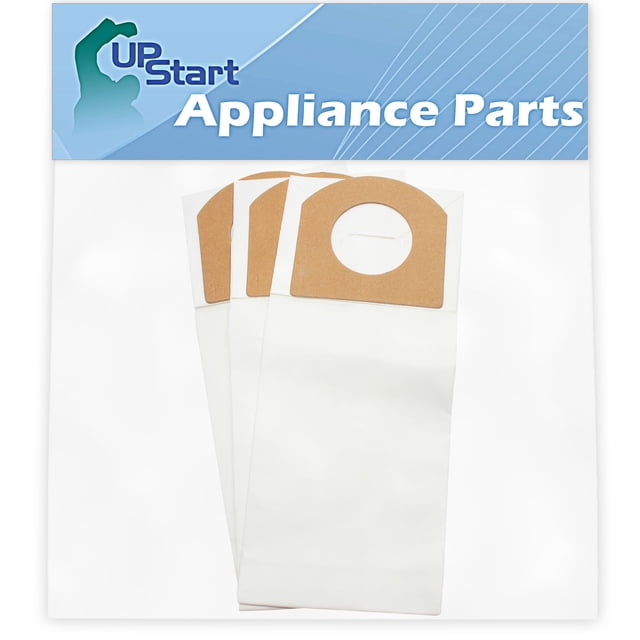 3 Replacement Type G Vacuum Bags for Dirt Devil, compatible with models such as Dirt Devil 103, Type G, M08230RED, Ultra Corded Bagged Handheld Vacuum M08230RED, and 08100. Displayed are three white vacuum bags with brown cardboard collars, packaged under the UpStart Components brand.