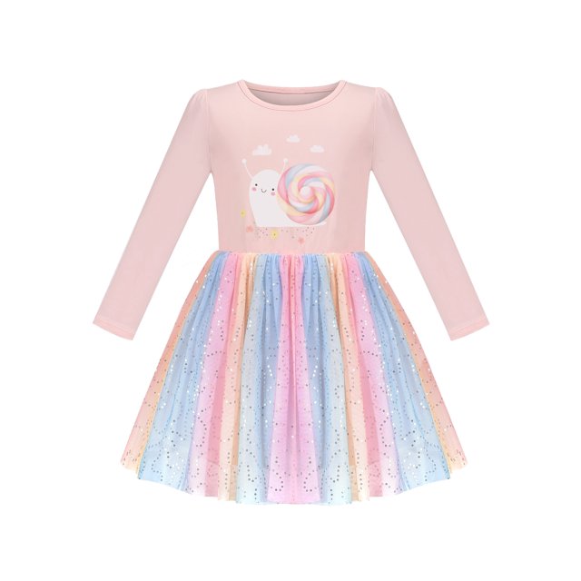 Robe Fille Rose Arc-en-Ciel Colorée Snail Lollipop à Paillettes Manches Longues 4 Ans