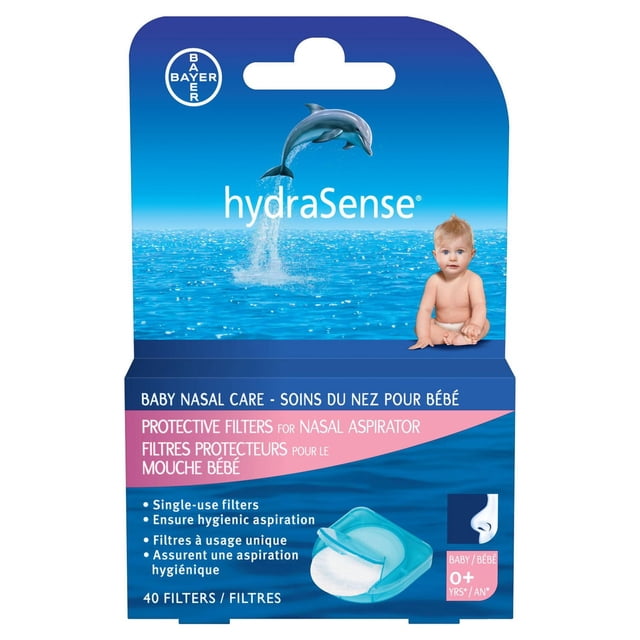 hydraSense Protective Filters for Nasal Aspirator package with 40 single-use filters for baby nasal care, featuring a blue ocean background with a dolphin and bilingual English and French text emphasizing hygienic aspiration and suitability for newborns and infants.