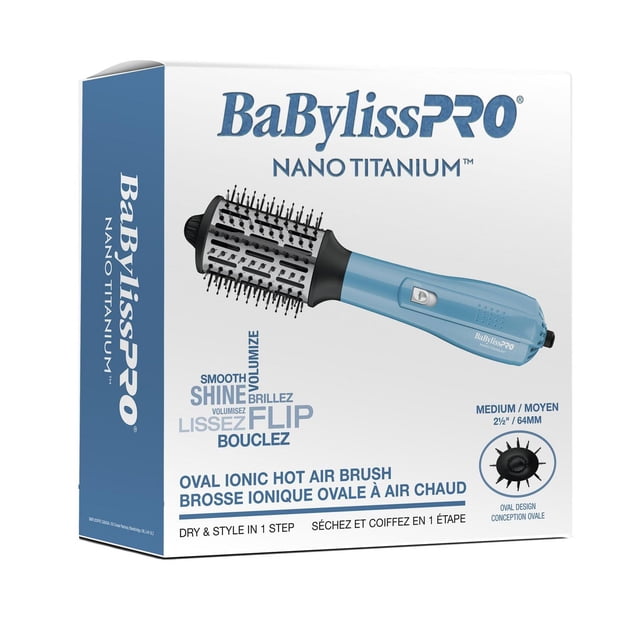 Nano Titanium Medium Oval Ionic Hot Air Brush by BaBylissPRO in retail packaging with blue handle and black bristles, featuring an oval barrel for smoothing, volumizing, and flipping hair, designed for one-step drying and styling in personal hair care.