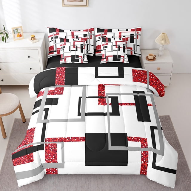 YST Ensemble de Douillette 7 Pcs à Rayures Noires et Blanches pour Garçons Filles, Ensembles de Literie à Paillettes Rouges Simple, Style Moderne Lit Tout-en-un, Ensembles de Lit Réversibles Abstraits avec Ensemble de Draps Déco de Chambre