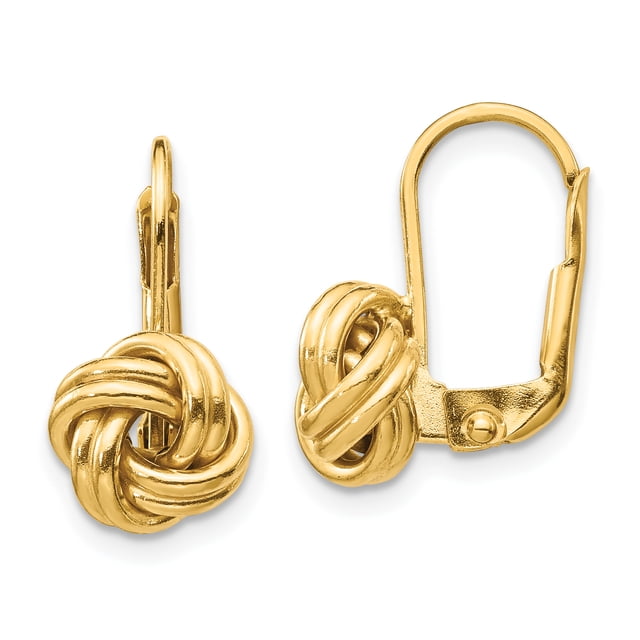 14k yellow gold love knot leverback earrings with a polished finish and hollow design. These drop dangle earrings, measuring 17mm in length and 9mm in width, are crafted for women and feature hypoallergenic properties. The leverback closure ensures secure wear, making them ideal fine jewelry for gifting occasions such as anniversaries, birthdays, and Valentine's Day. Designed by IceCarats, this pair comes with elegant gift packaging.