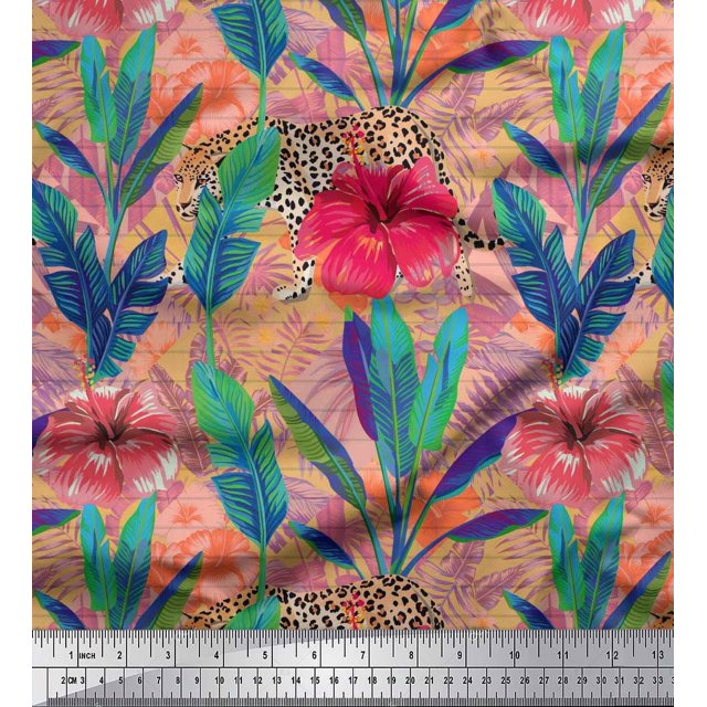Soimoi Poly Georgette Fabric Leopard,Tropical Leaves & Floral Decor Fabric Printed Yard 52 Inch Wide