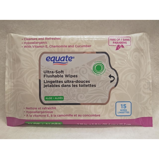 EQUATE FLUSHABLE WIPES-15CT pack of ultra-soft flushable wipes with aloe, vitamin E, chamomile, and cucumber, hypoallergenic and scented, designed for gentle cleansing and refreshing as flushable cleansing cloths for household use.