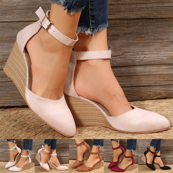 TrendOFT Sandales Pour Femmes Casual Ladies Fashion Closed Toe Solid Suede Pointed Wedge Heel Thick Bottom Buckle Summer Womens Flat Sandals Beige 37