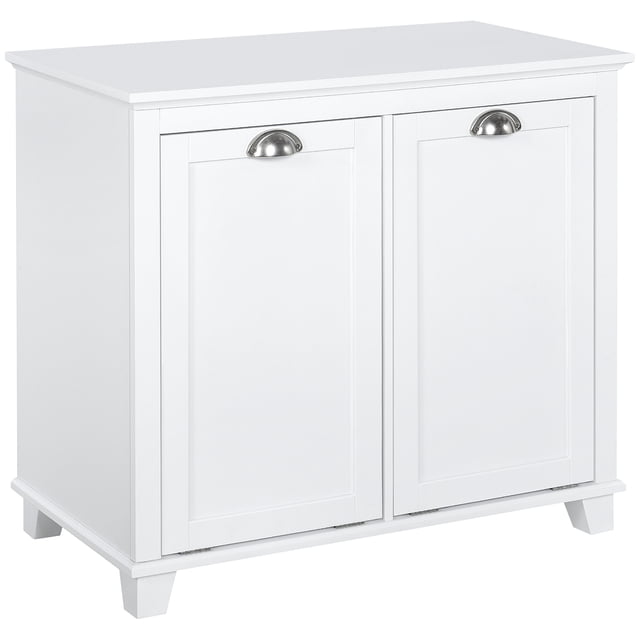 HOMCOM Armoire de Rangement pour Lessive à Bascule avec Panier à Deux Compartiments en Blanc. l'Armoire Présente un design Élégant avec Deux Compartiments avant à Bascule pour Organiser les Vêtements Légers et Foncés Séparément. Fabriquée en Matériau MDF Résistant à l'Eau, Elle Comprend des Poignées en Métal en Demi-Cercle et un design Anti-Basculement pour une Sécurité Accrue. les Dimensions Sont de 30,1 Pouces de Large, 15,7 Pouces de Profondeur et 27,6 Pouces de Hauteur.
