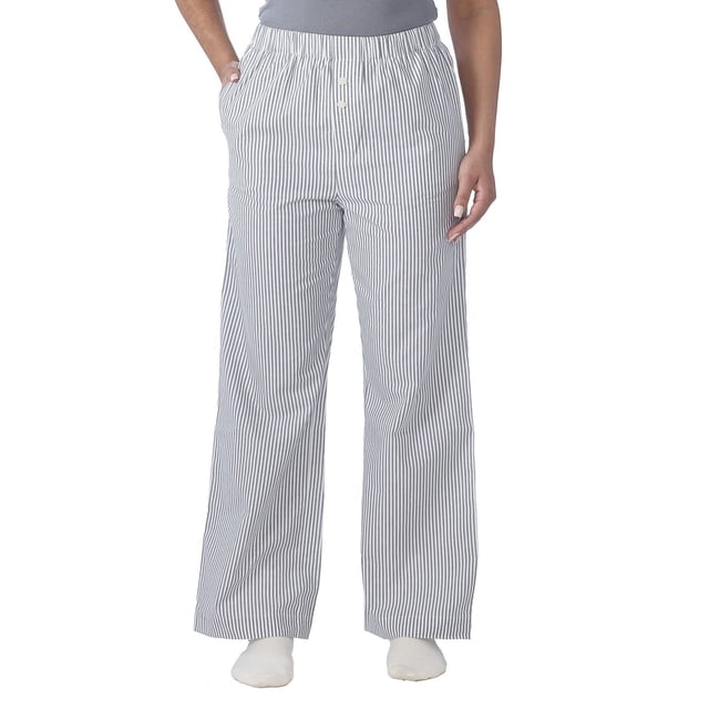 Secret Sleep Classic Poplin Pant in grey with thin vertical stripes, front view on a model wearing a grey top. These women's pajama pants feature a relaxed fit, elastic waistband, side pockets, and faux button detail, made from lightweight breathable 100% cotton poplin fabric ideal for all-night comfort and casual wear.