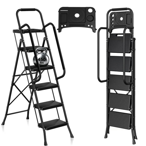 PhiloDeco 5 Step Ladder with Handrails and Tool Tray, Sturdy Metal Step Stool with Anti-Slip Wide Pedals & Safe-Lock Design, 450lbs Safety Ladder for Adults, Portable Folding Ladder for Home, Kitchen