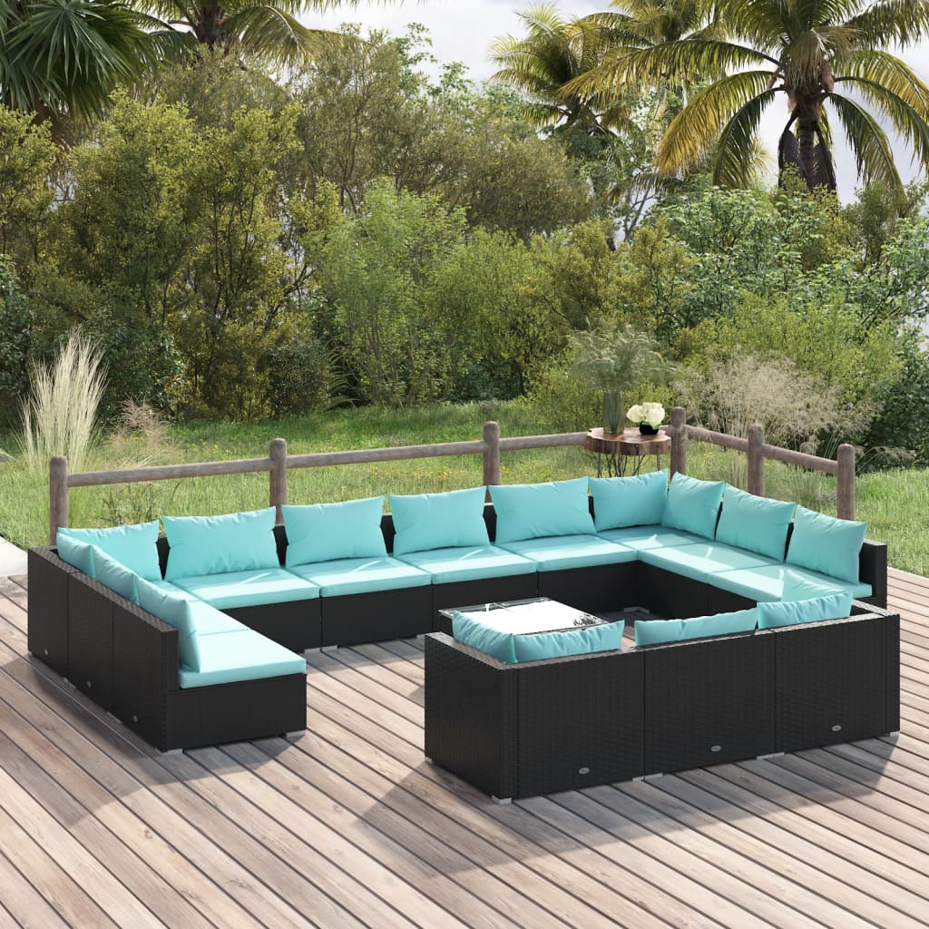 vidaXL 14 Piece Garden Lounge Set with Cushions Black Poly Rattan