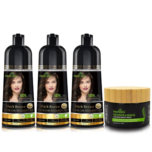 Herbishh Hair Combo Kit 3pcs Colour Shampoo + 1 Argan Hair Mask - Dark Brown for All Hair Type, Unisex