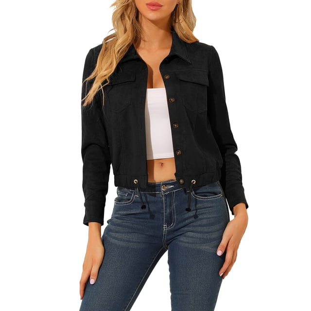 INSPIRE CHIC Veste en Faux Suède pour Femme à Col Pointu, Boutonnée, Courte, Sablée, Style Moto Biker, TG, Noir
