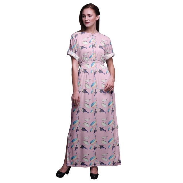 Bimba Robe Longue d'Été en Rayonne Imprimée Baleine Océan à Manches Kimono avec Fente - Petit