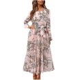 thumbnail image 2 of Ovzne Robes Grande Taille pour Femmes aux Formes Robe pour Femme Mode Femmes Imprimé Floral Col Rond à Lacets Manches Longues Manches Évasées Taille Rétractable Robe Plissée Robe Grande Taille Manches Longues, 2 of 7