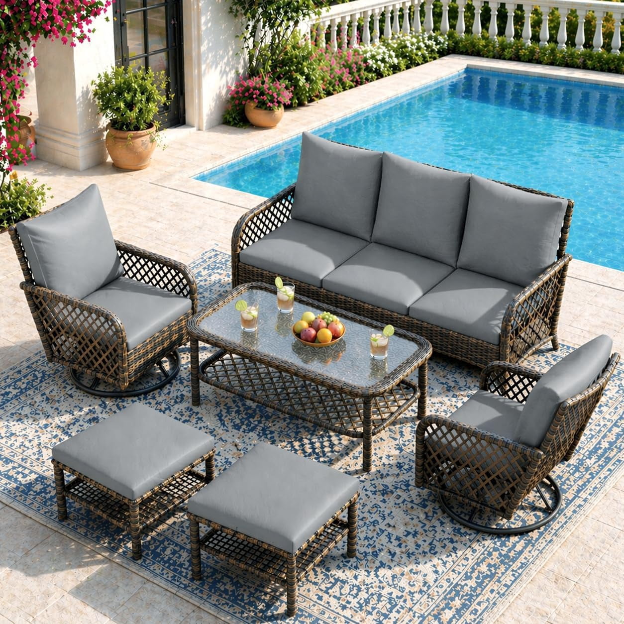 AECOJOY 6PCS Outdoor Wicker Patio Furniture Set, 7-Seat Sectional Sofa with High Back Swivel Rocker Chairs & Ottoman for Deck, Yard, Poolside,Dark Grey