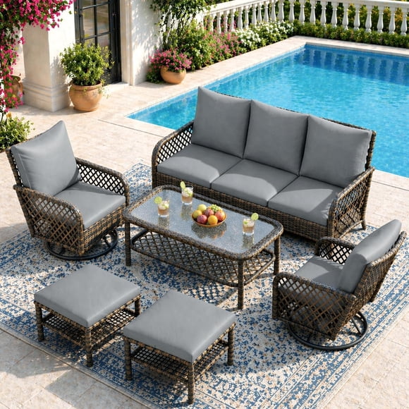 AECOJOY 6PCS Outdoor Wicker Patio Furniture Set, 7-Seat Sectional Sofa with High Back Swivel Rocker Chairs & Ottoman for Deck, Yard, Poolside,Dark Grey