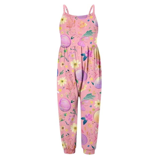Girls Easter Romper Kids Girl Jumpsuits Rompers Casual V Neck Strap Rompers with Pockets Girls' Fashion 4-5 Y