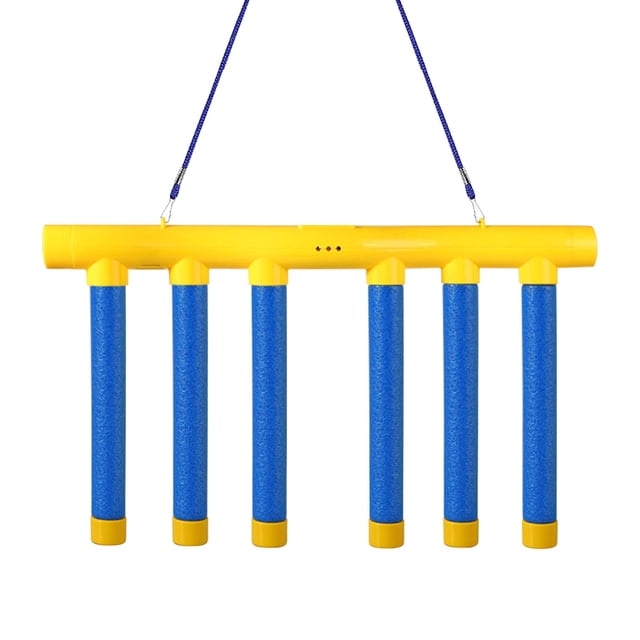 Leutsin Catching Sticks Challenge game with a yellow horizontal pole and six blue foam sticks hanging vertically, suspended by a blue rope. This reflex training toy enhances hand-eye coordination and is suitable for children and adults. Made of smooth, durable plastic with rounded edges for safety, it is lightweight, portable, and easy to set up indoors or outdoors.