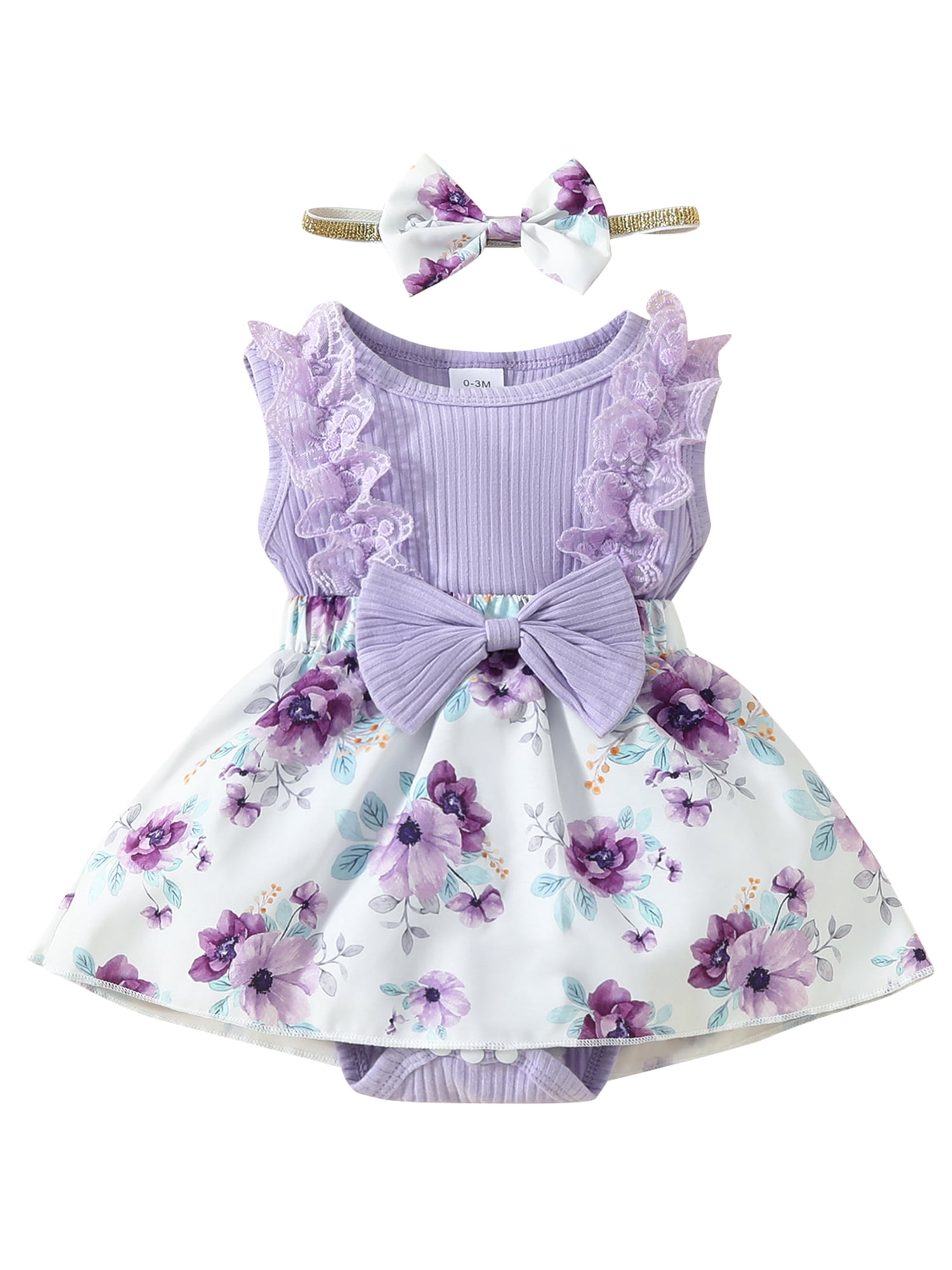 EYIIYE Barboteuse-Robe d'Été pour Bébés Filles Nouveau-Nés en Dentelle Sans Manches Combinaison à Imprimé Floral Patchwork Barboteuse Col Ras du Cou Justaucorps Robe avec Bandeau Mignonne Décontractée Vêtements Quotidiens