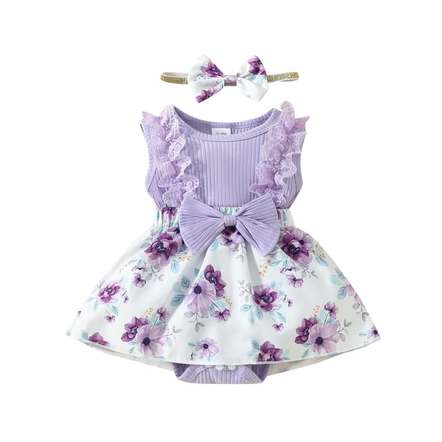EYIIYE Barboteuse-Robe d'Été pour Bébés Filles Nouveau-Nés en Dentelle Sans Manches Combinaison à Imprimé Floral Patchwork Barboteuse Col Ras du Cou Justaucorps Robe avec Bandeau Mignonne Décontractée Vêtements Quotidiens