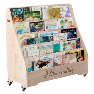 Toytexx Kids Wooden Book Display Shelf with Wheels, 5-Tier Front-Facing Organizer, "I Like Reading" Engraved Panel – Natural Wood