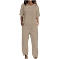 thumbnail image 1 of Yuyuzo Ensembles Détente pour Femmes, Hauts à Col Rond à Boutons, Pantalons Amples avec Poches, Ensemble Assorti d'Été 2 Pcs, 1 of 4