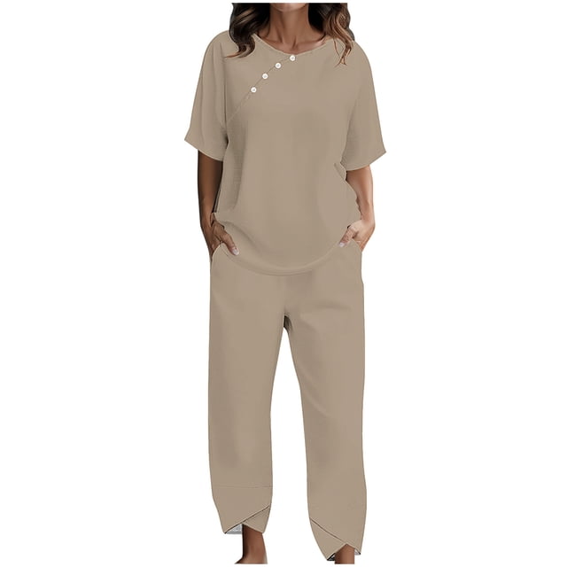 Yuyuzo Ensembles Détente pour Femmes, Hauts à Col Rond à Boutons, Pantalons Amples avec Poches, Ensemble Assorti d'Été 2 Pcs