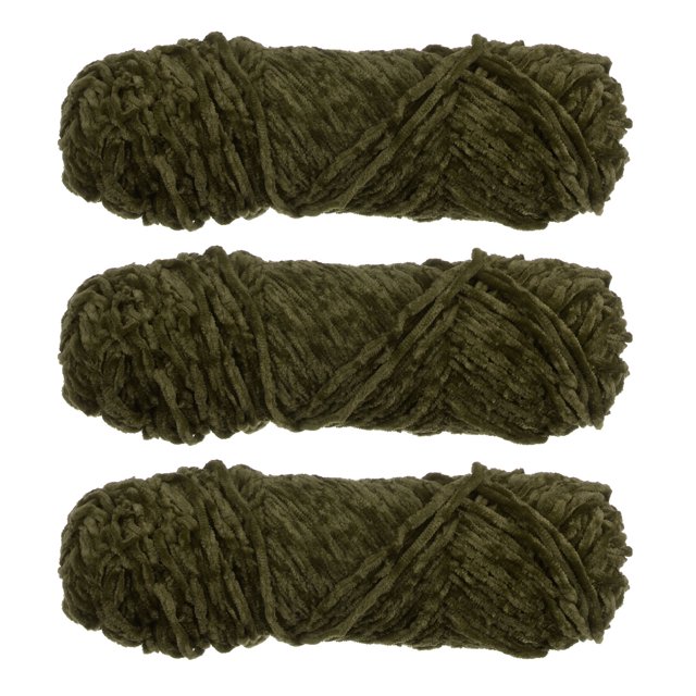 Unique Bargains Chenille Polyester Olive Green Yarn, 3 Skeins. Three skeins of soft, fluffy chenille yarn made of 100% polyester, displayed in a horizontal arrangement. The yarn has a velvet-like texture and is ideal for knitting and crochet projects such as blankets, scarves, cushions, and toy-making crafts.