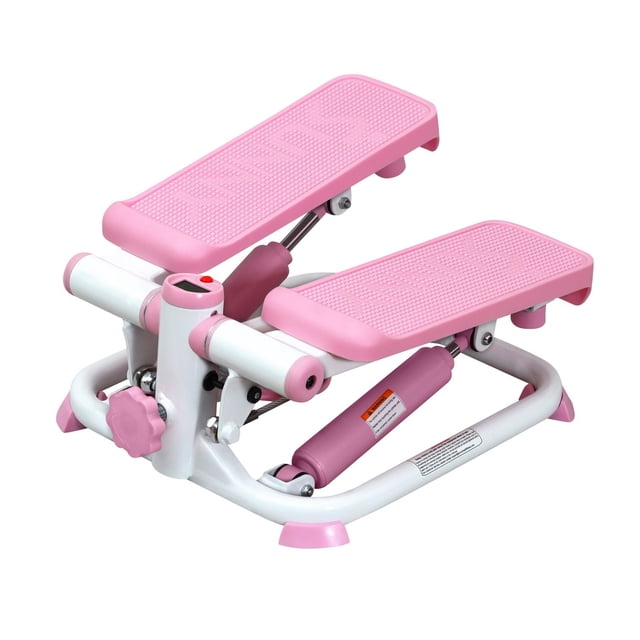 Sunny Health & Fitness Total Body Pink Stepper Machine - P2000 with dual textured pink foot pedals, sturdy white metal frame, adjustable height knob, and digital monitor, portable and space-efficient for stair climbing workouts.