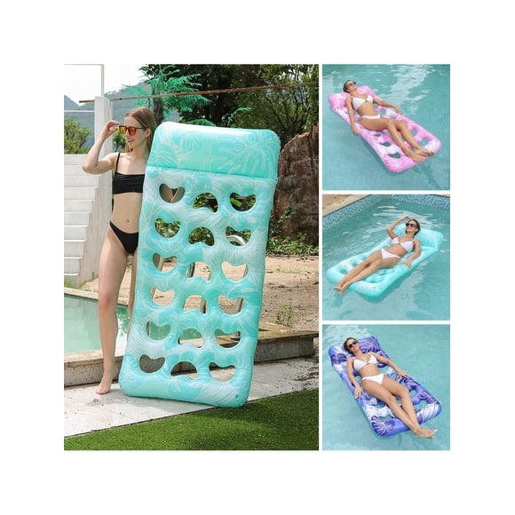 1pc PVC Pillow Hole Floating Drainage Chair, Printed Leaf Pattern, Recliner Chair Moon Long Floating Bed, Pool Float Beach Essentials, Blue