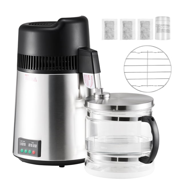KFFKFF Water Distiller, 6L 1.6 Gallon Larger Pure Water Purifier Filter for home countertop use, featuring a durable stainless steel body, borosilicate glass pot, and aluminum cooling fan. This 900W distilled water maker includes activated carbon packs and accessories, ideal for dental clinics, laboratories, and everyday drinking water purification.