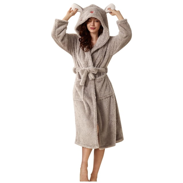 AherBiu Womens Robes Lightweight Fuzzy Fleece Warm Midi Bathrobe Soft Plush Belted Robe with Hood