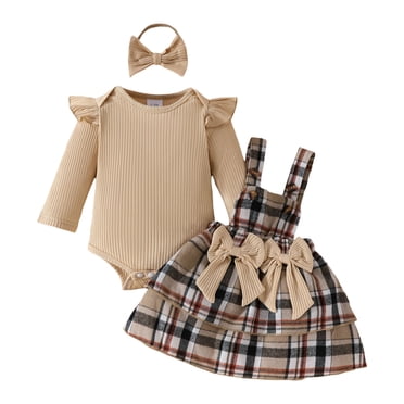 Splozh Cute Toddler Baby Girls Clothes Baby Skirt Suit Baby Girl Strip Long Sleeve Top Plaid Dress Hair Band Three Piece Set Khaki,6-9 Months