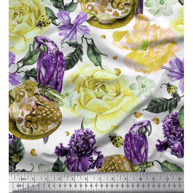 Soimoi Rayon Fabric Parrot,Pomegranate & Rose Flower Print Fabric by Yard 56 Inch Wide